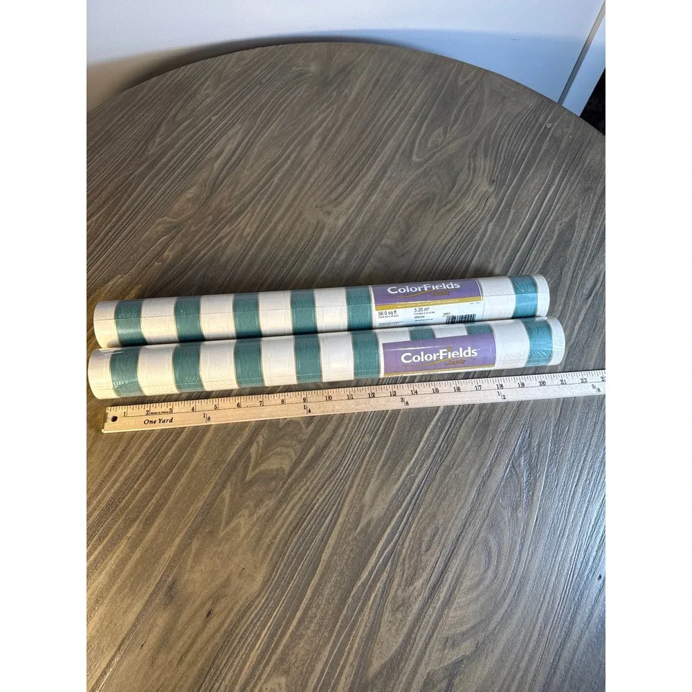Vintage Sunworthy Wallpaper Home 112sqft Teal Cream NEW Striped Gold Trim WS5104